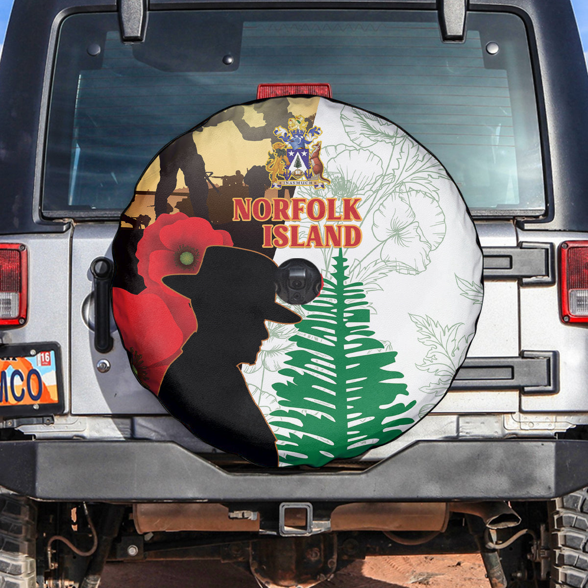 Norfolk Island ANZAC Day Spare Tire Cover Pine Tree With Poppies Lest We Forget LT14 White - Polynesian Pride