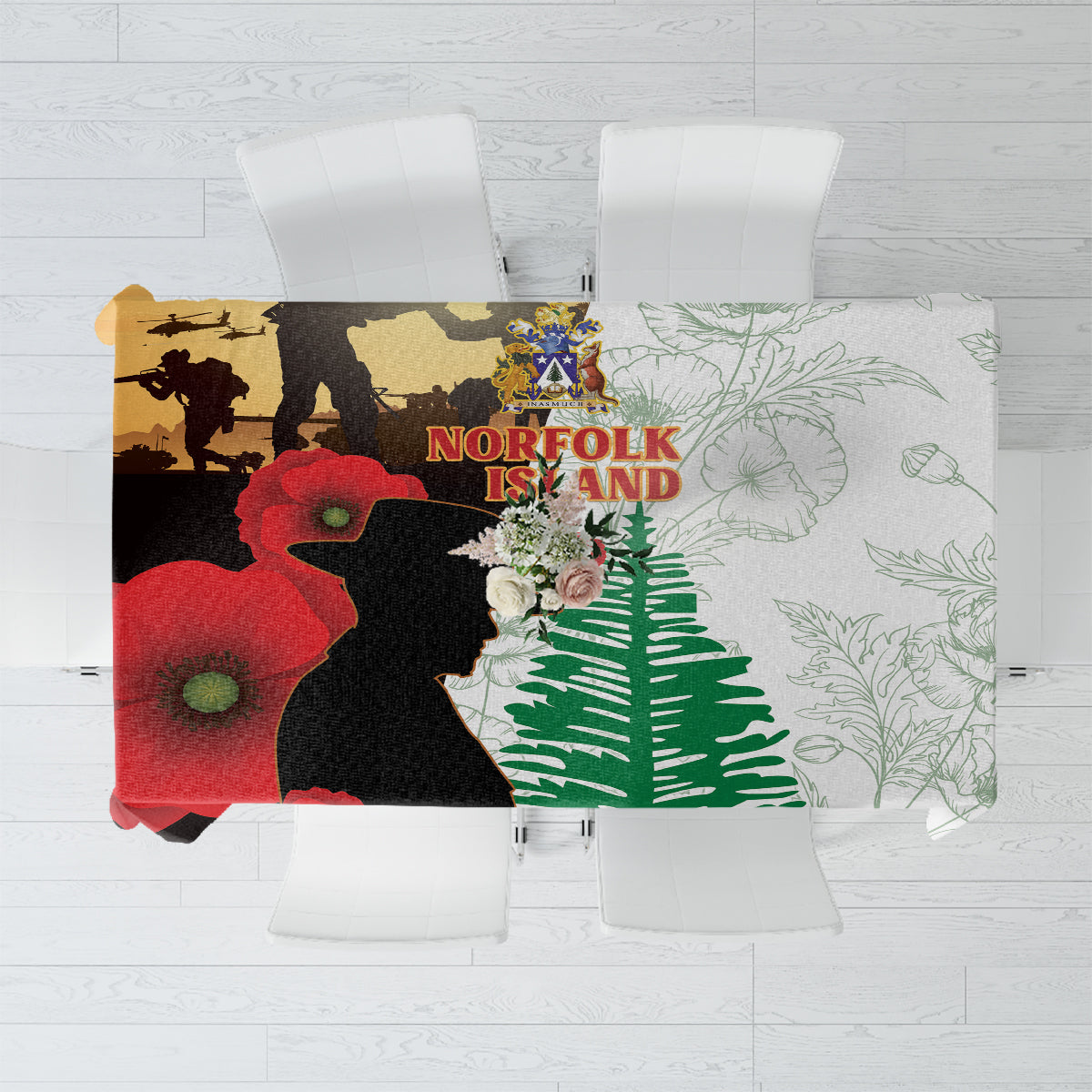 Norfolk Island ANZAC Day Tablecloth Pine Tree With Poppies Lest We Forget LT14 White - Polynesian Pride