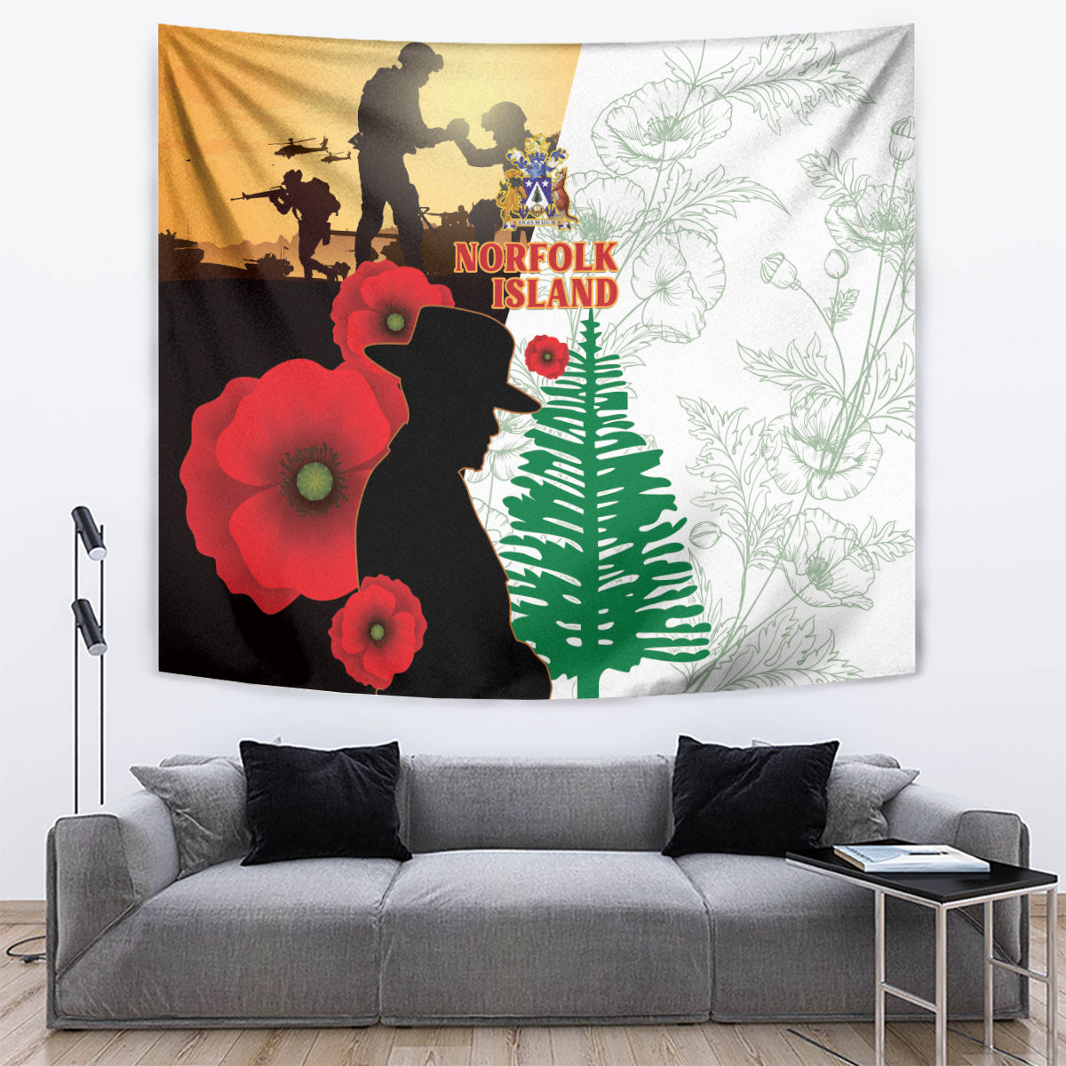 Norfolk Island ANZAC Day Tapestry Pine Tree With Poppies Lest We Forget LT14 White - Polynesian Pride
