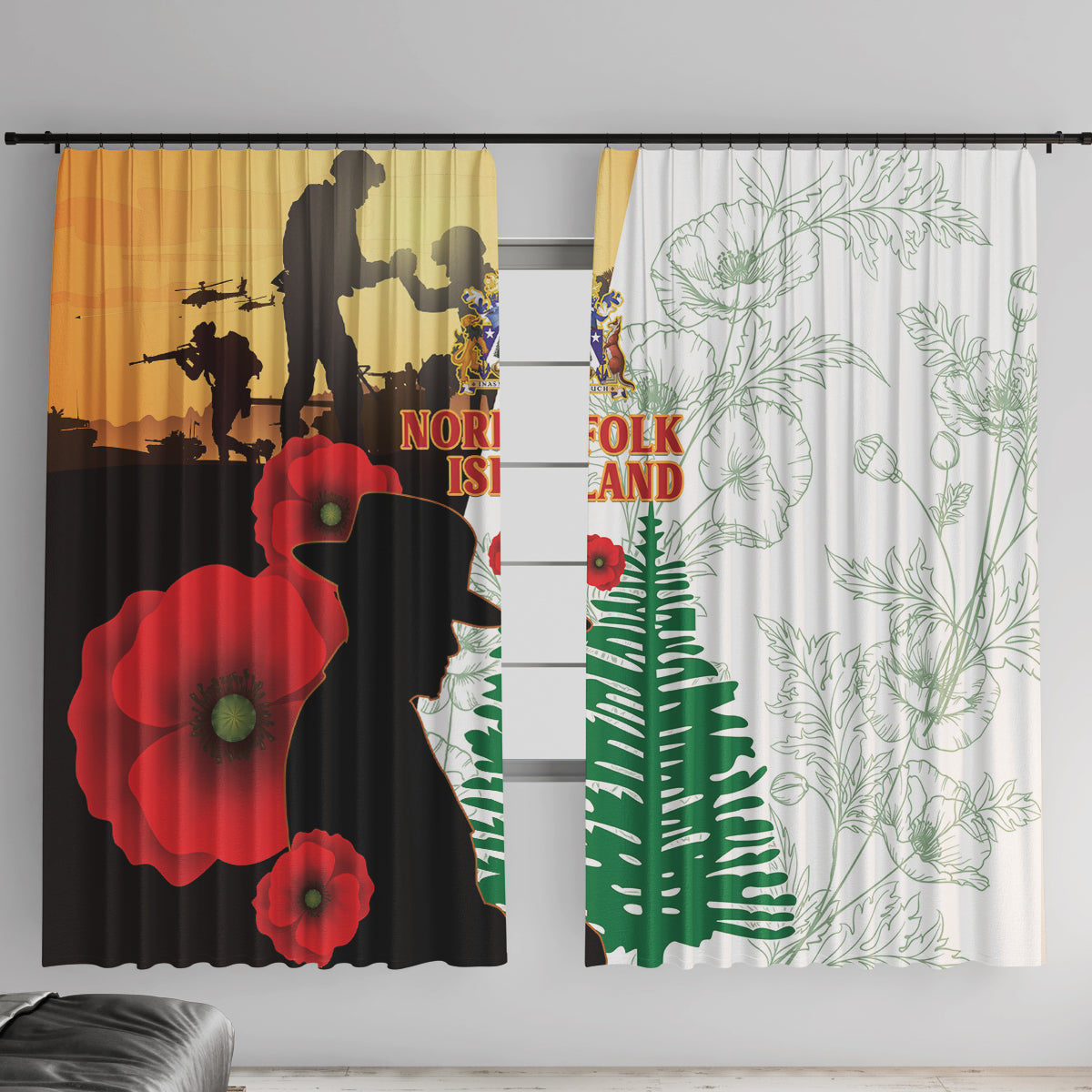 Norfolk Island ANZAC Day Window Curtain Pine Tree With Poppies Lest We Forget LT14 With Hooks White - Polynesian Pride