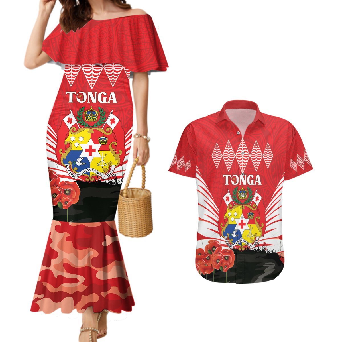 Tonga ANZAC Day Couples Matching Mermaid Dress and Hawaiian Shirt Camouflage With Poppies Lest We Forget LT14 Red - Polynesian Pride
