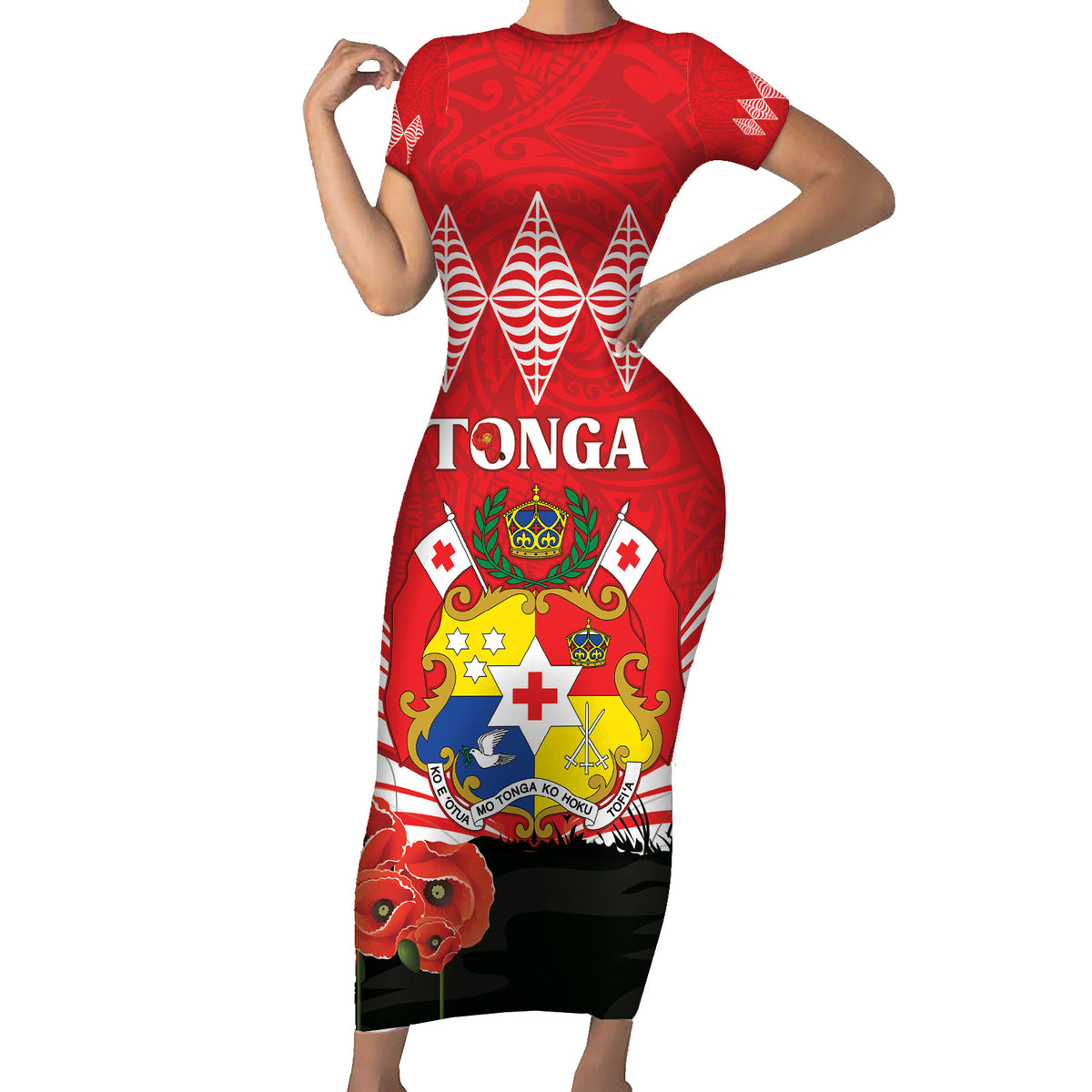 Tonga ANZAC Day Family Matching Short Sleeve Bodycon Dress and Hawaiian Shirt Camouflage With Poppies Lest We Forget LT14 Mom's Dress Red - Polynesian Pride