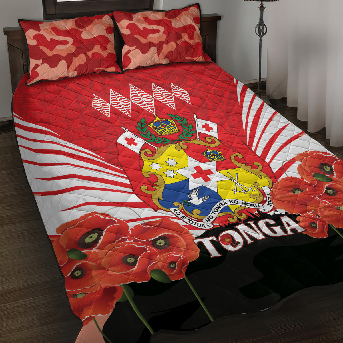 Tonga ANZAC Day Quilt Bed Set Camouflage With Poppies Lest We Forget LT14 Red - Polynesian Pride