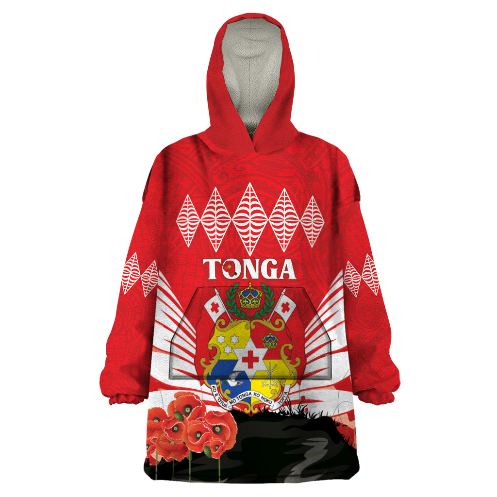 Tonga ANZAC Day Wearable Blanket Hoodie Camouflage With Poppies Lest We Forget LT14 One Size Red - Polynesian Pride