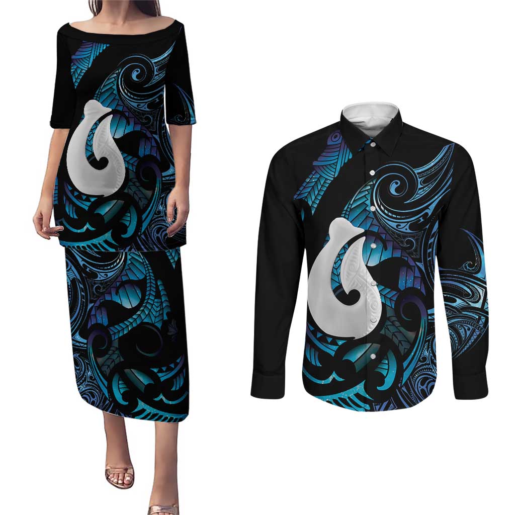 Hei Matau New Zealand Matariki Couples Matching Puletasi and Long Sleeve Button Shirt NZ Fish Hook Maori Art