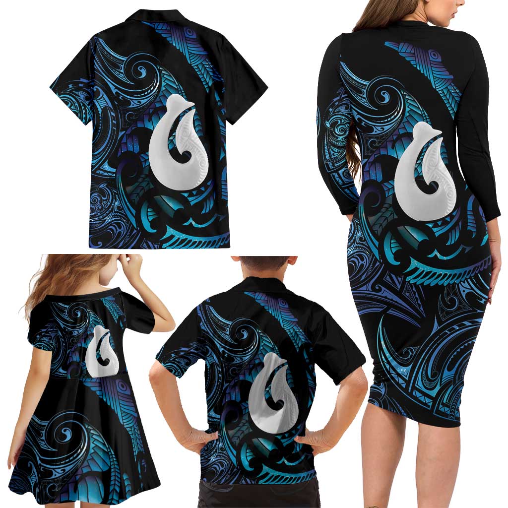 Hei Matau New Zealand Matariki Family Matching Long Sleeve Bodycon Dress and Hawaiian Shirt NZ Fish Hook Maori Art