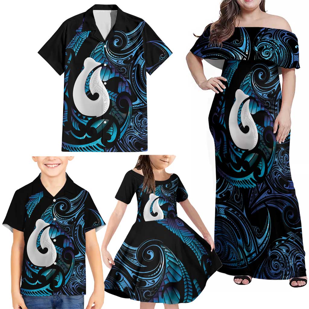 Hei Matau New Zealand Matariki Family Matching Off Shoulder Maxi Dress and Hawaiian Shirt NZ Fish Hook Maori Art