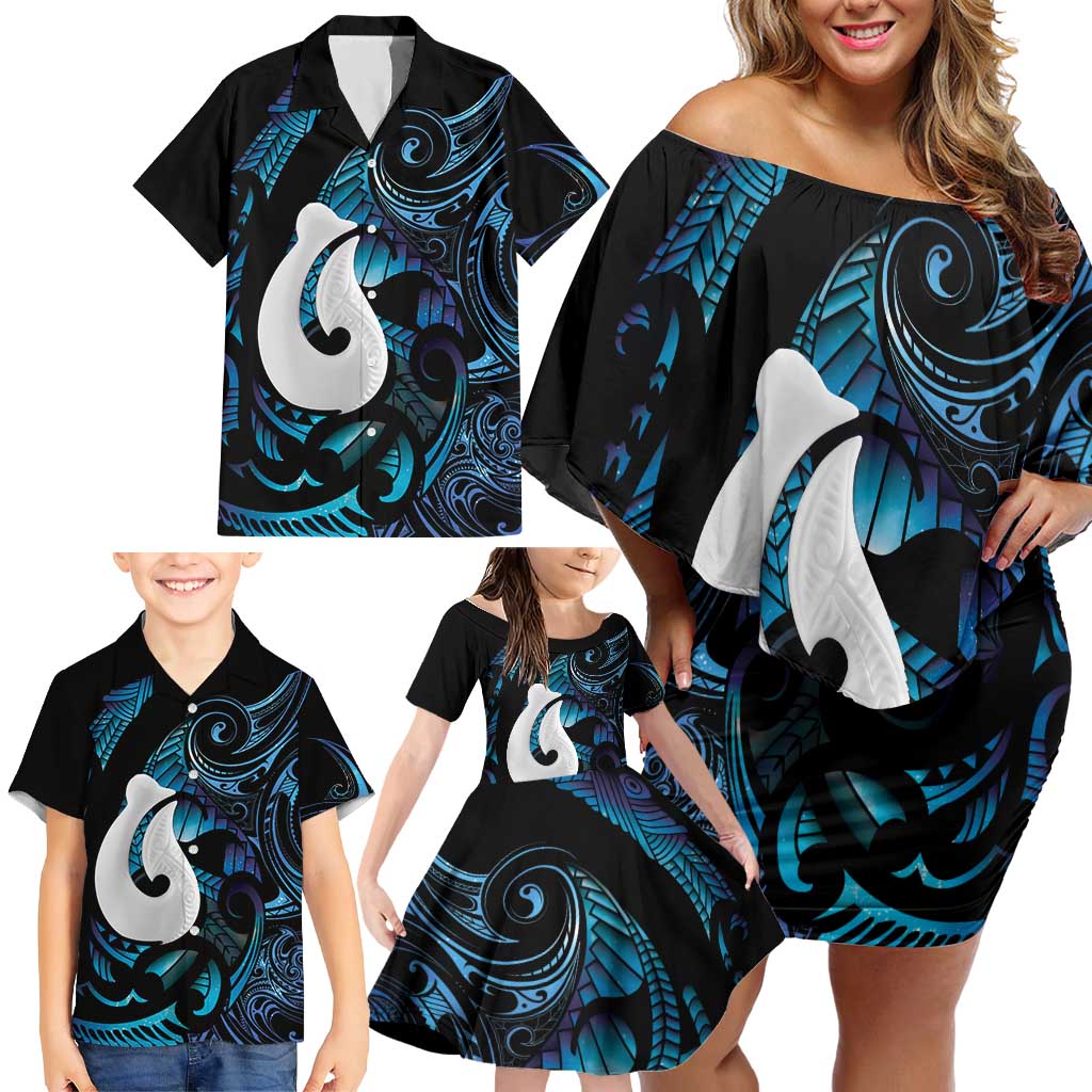Hei Matau New Zealand Matariki Family Matching Off Shoulder Short Dress and Hawaiian Shirt NZ Fish Hook Maori Art