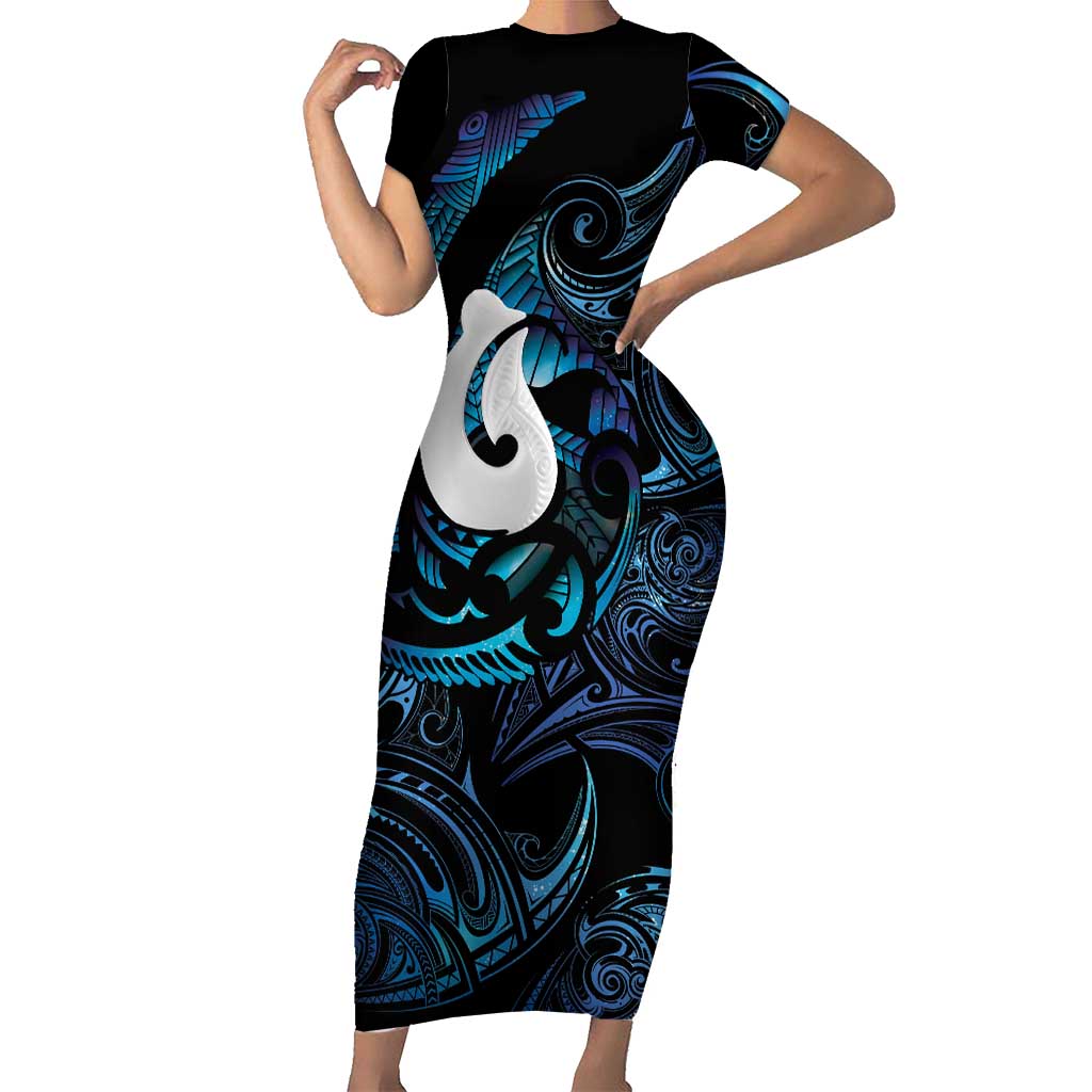 Hei Matau New Zealand Matariki Family Matching Short Sleeve Bodycon Dress and Hawaiian Shirt NZ Fish Hook Maori Art