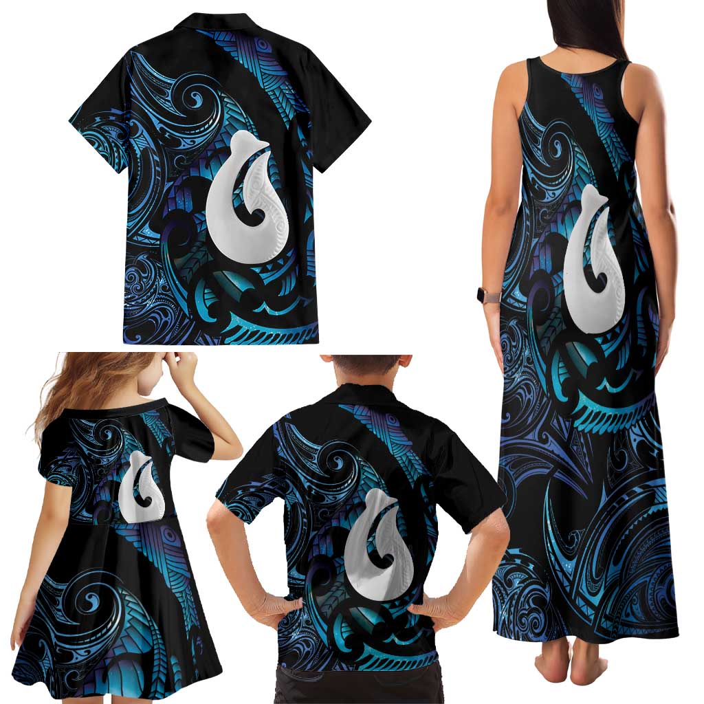 Hei Matau New Zealand Matariki Family Matching Tank Maxi Dress and Hawaiian Shirt NZ Fish Hook Maori Art