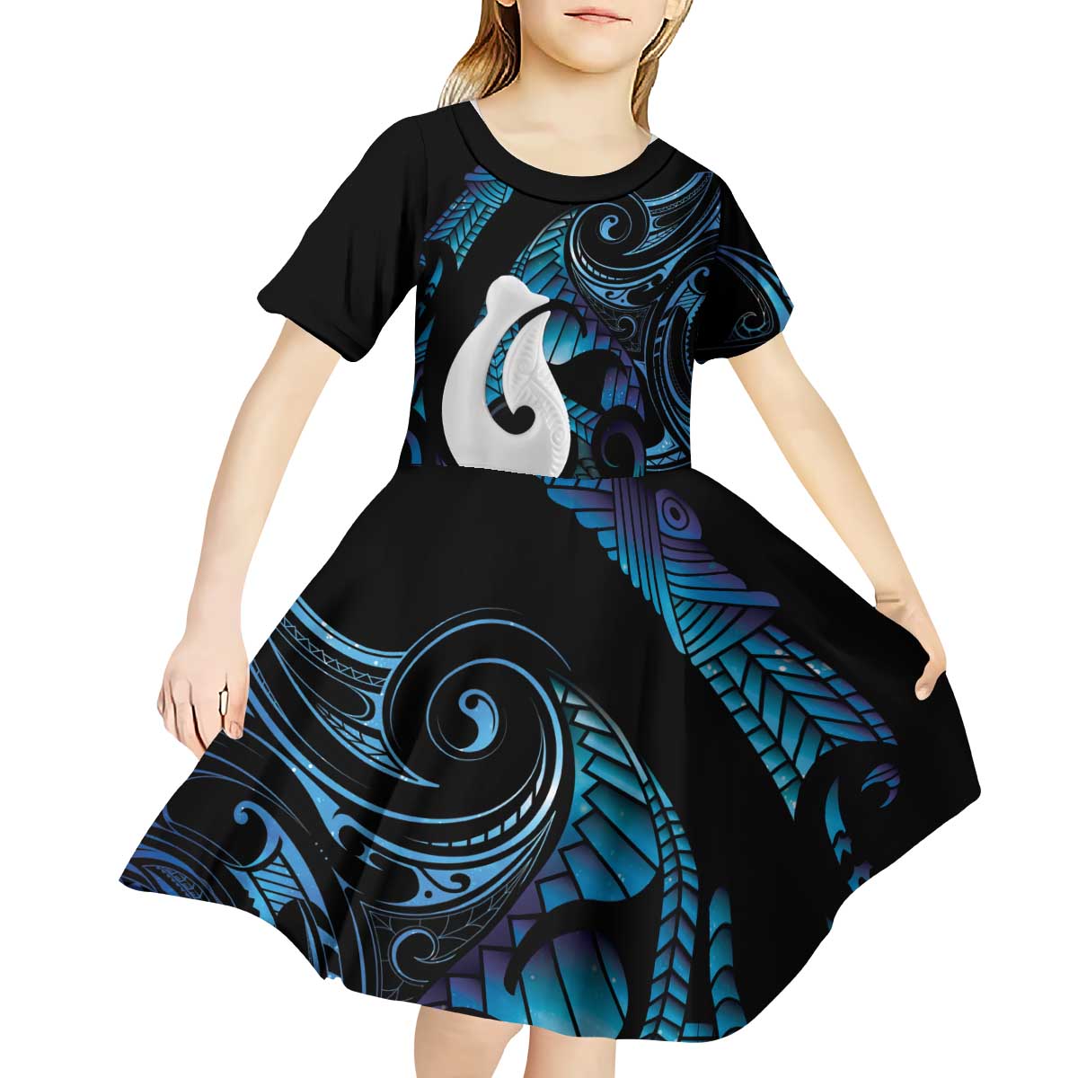 Hei Matau New Zealand Matariki Kid Short Sleeve Dress NZ Fish Hook Maori Art