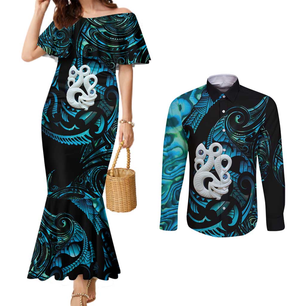 Manaia New Zealand Matariki Couples Matching Mermaid Dress and Long Sleeve Button Shirt NZ Paua Shell Maori Art