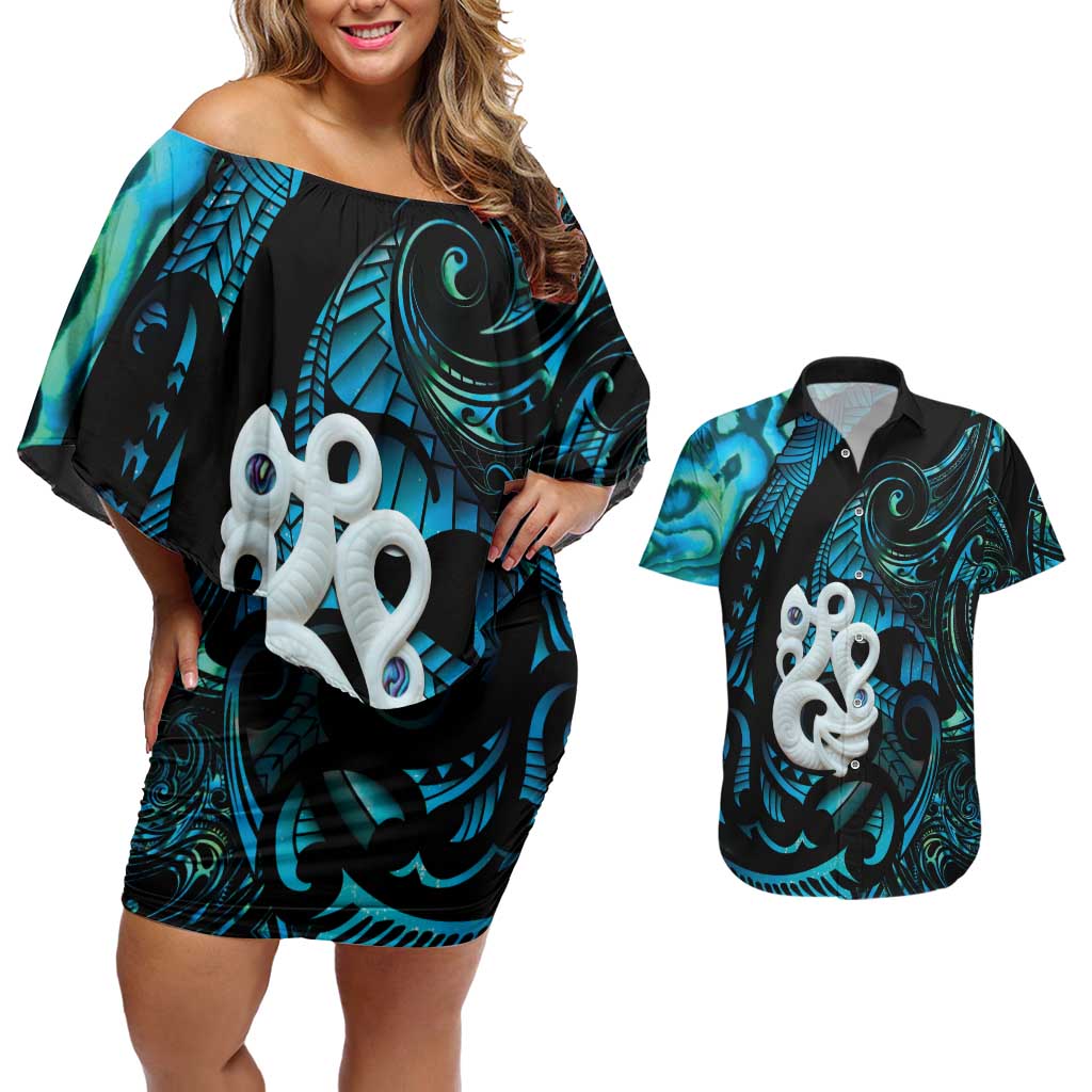 Manaia New Zealand Matariki Couples Matching Off Shoulder Short Dress and Hawaiian Shirt NZ Paua Shell Maori Art