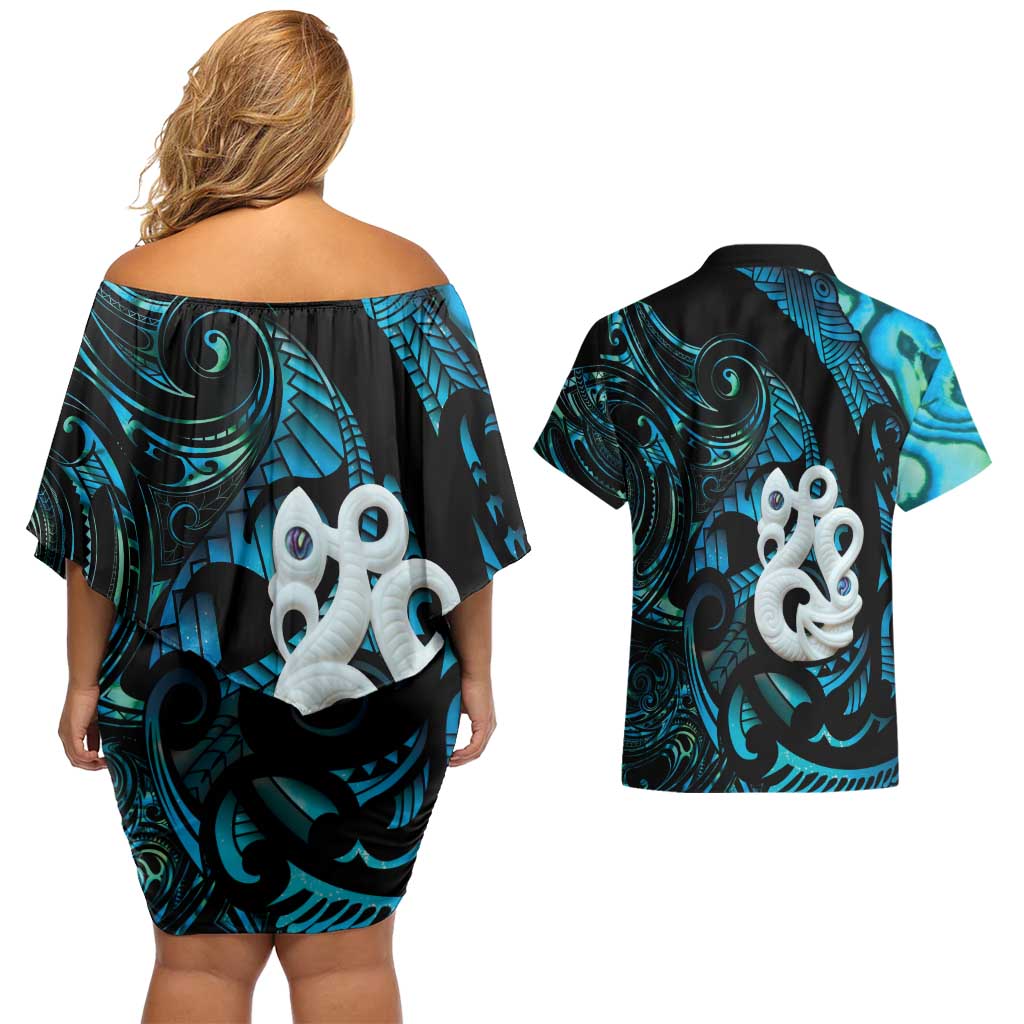Manaia New Zealand Matariki Couples Matching Off Shoulder Short Dress and Hawaiian Shirt NZ Paua Shell Maori Art