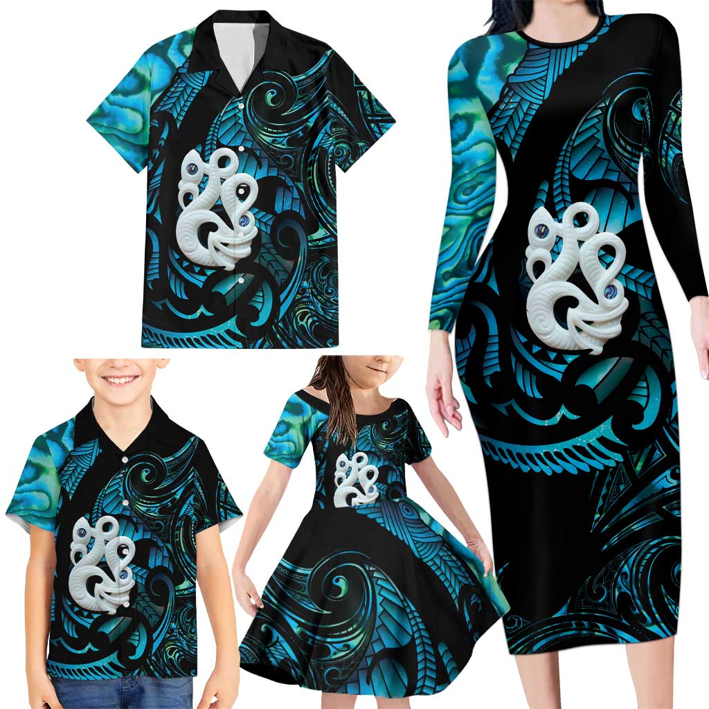 Manaia New Zealand Matariki Family Matching Long Sleeve Bodycon Dress and Hawaiian Shirt NZ Paua Shell Maori Art