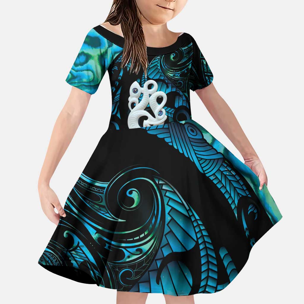 Manaia New Zealand Matariki Family Matching Off The Shoulder Long Sleeve Dress and Hawaiian Shirt NZ Paua Shell Maori Art