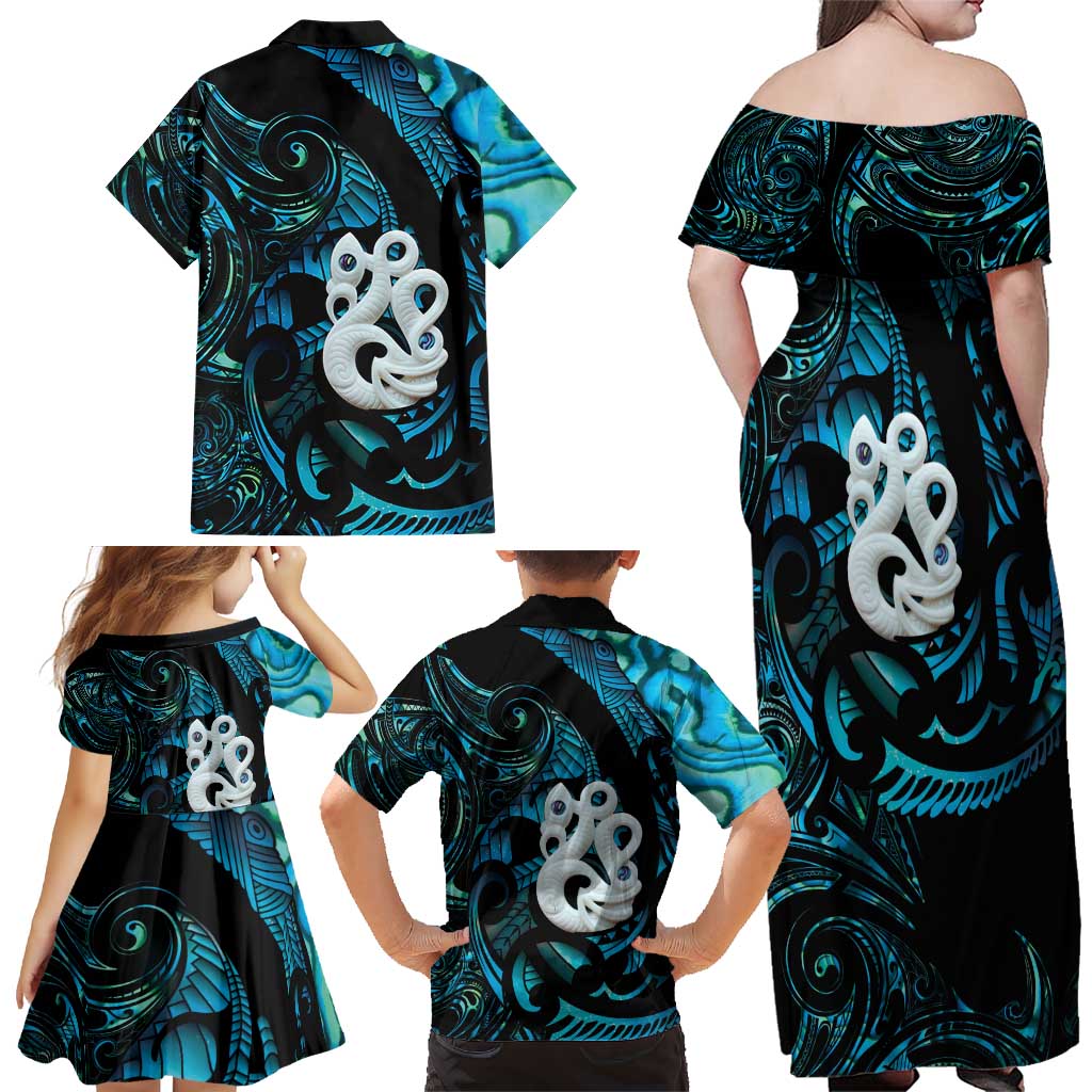 Manaia New Zealand Matariki Family Matching Off Shoulder Maxi Dress and Hawaiian Shirt NZ Paua Shell Maori Art