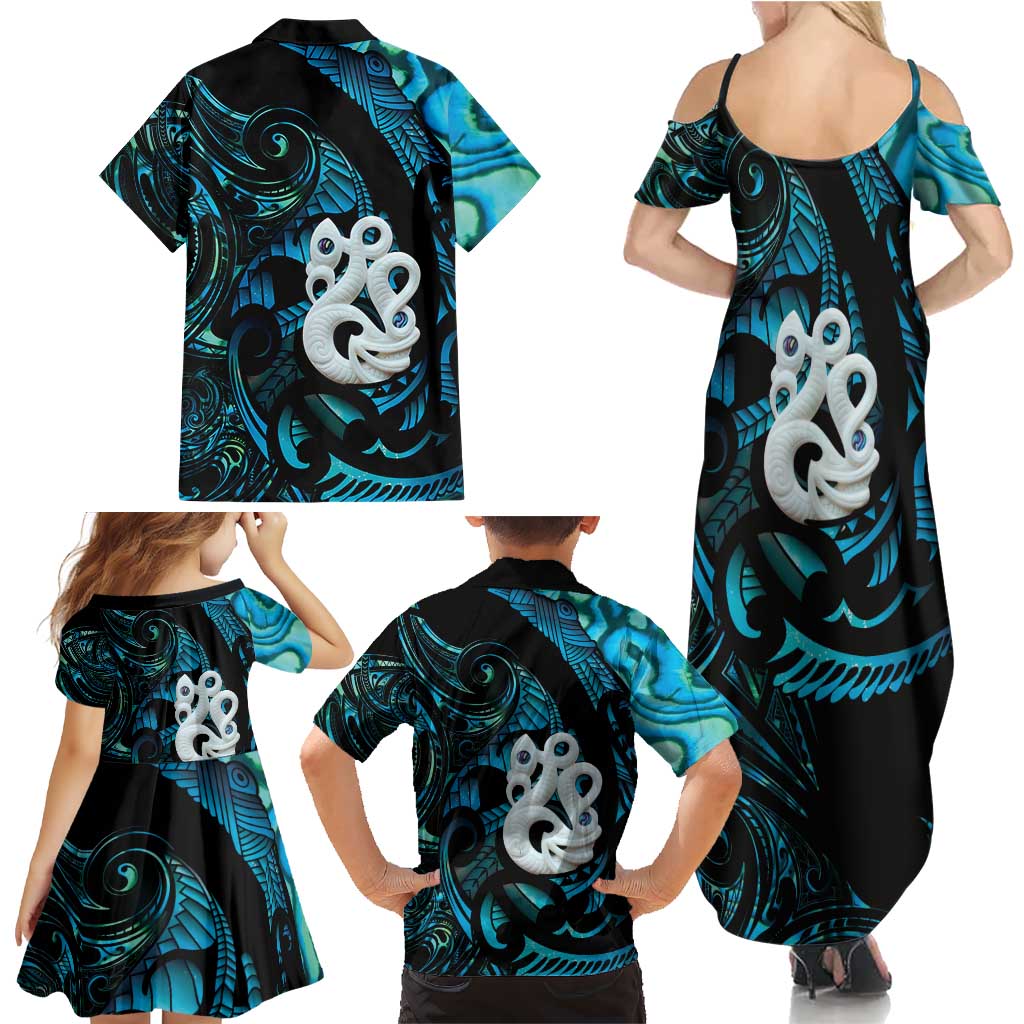 Manaia New Zealand Matariki Family Matching Summer Maxi Dress and Hawaiian Shirt NZ Paua Shell Maori Art