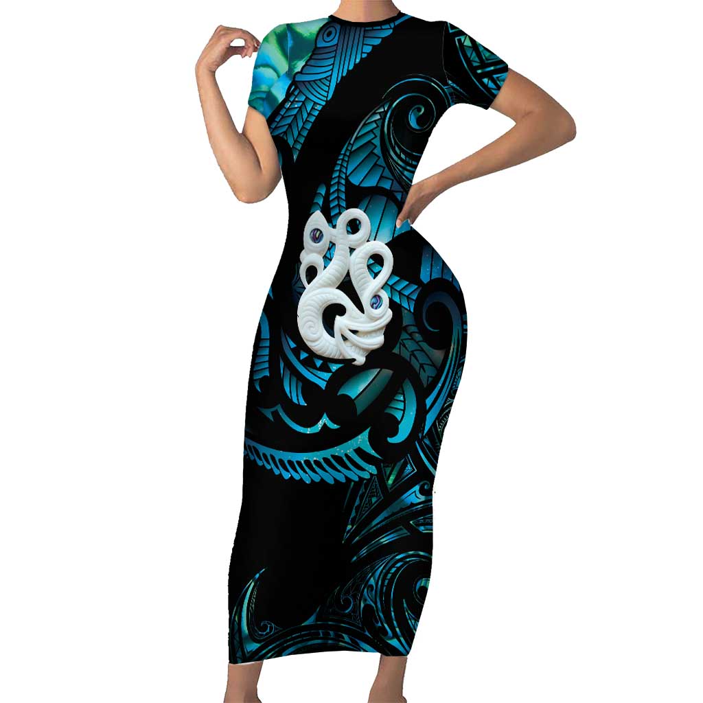 Manaia New Zealand Matariki Short Sleeve Bodycon Dress NZ Paua Shell Maori Art