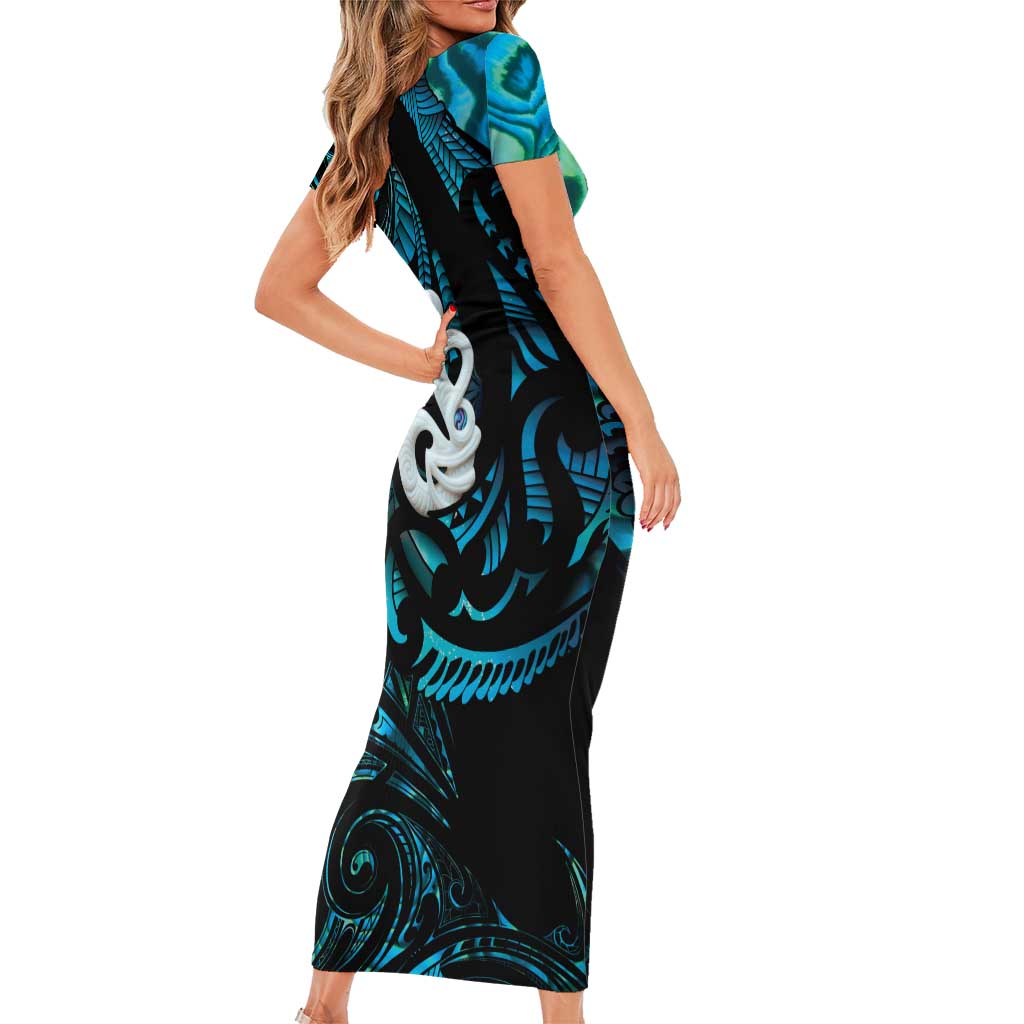 Manaia New Zealand Matariki Short Sleeve Bodycon Dress NZ Paua Shell Maori Art