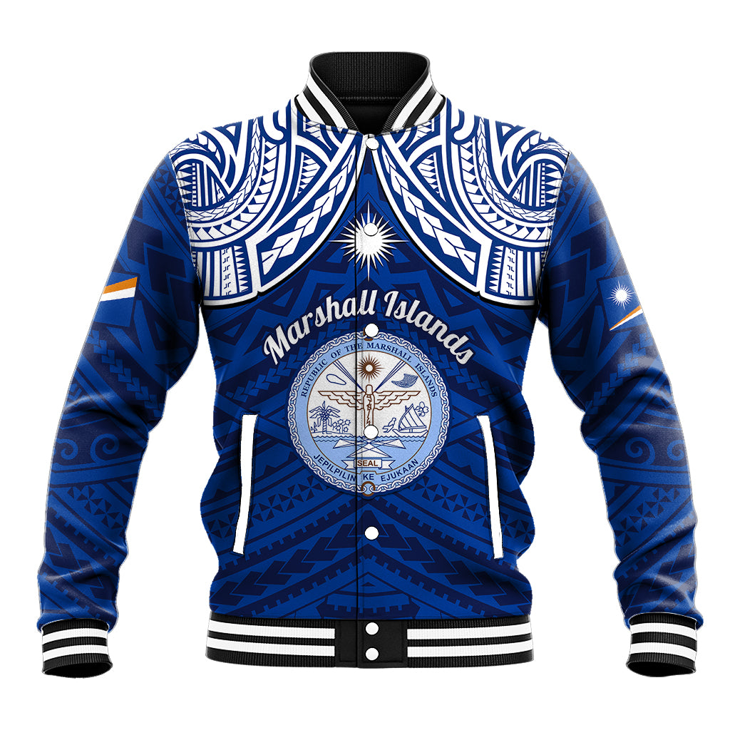 Marshall Islands Baseball Jacket Blue Polynesian Tribal Mix Coat Of Arms LT14 Unisex Blue - Polynesian Pride