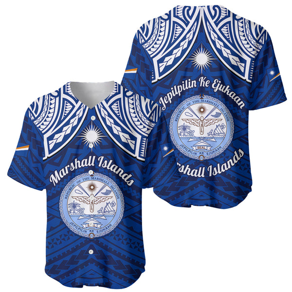 Marshall Islands Baseball Jersey Blue Polynesian Tribal Mix Coat Of ...
