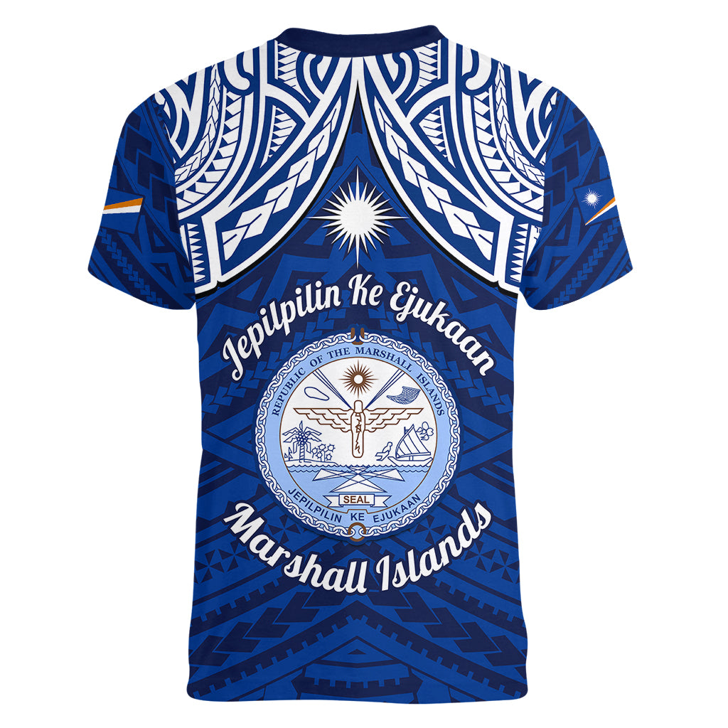 Marshall Islands Women V Neck T Shirt Blue Polynesian Tribal Mix Coat Of Arms LT14 - Polynesian Pride