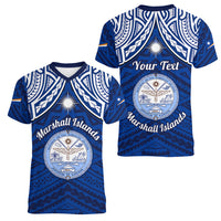 Personalised Marshall Islands Women V Neck T Shirt Blue Polynesian Tribal Mix Coat Of Arms LT14 - Polynesian Pride