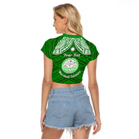 Personalised Marshall Islands Raglan Cropped T Shirt Green Polynesian Tribal Mix Coat Of Arms LT14 - Polynesian Pride