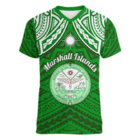 Personalised Marshall Islands Women V Neck T Shirt Green Polynesian Tribal Mix Coat Of Arms LT14 Female Green - Polynesian Pride