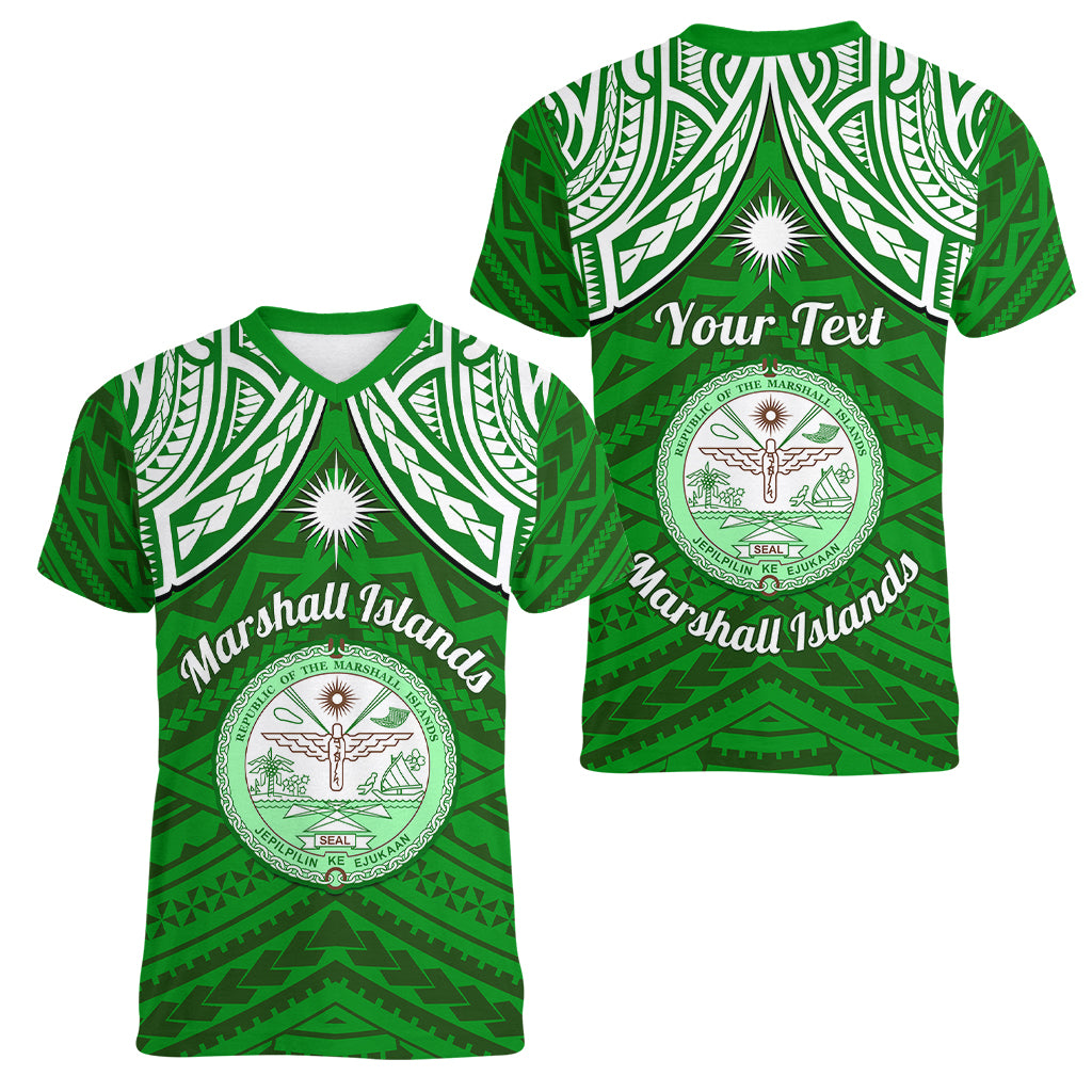 Personalised Marshall Islands Women V Neck T Shirt Green Polynesian Tribal Mix Coat Of Arms LT14 - Polynesian Pride