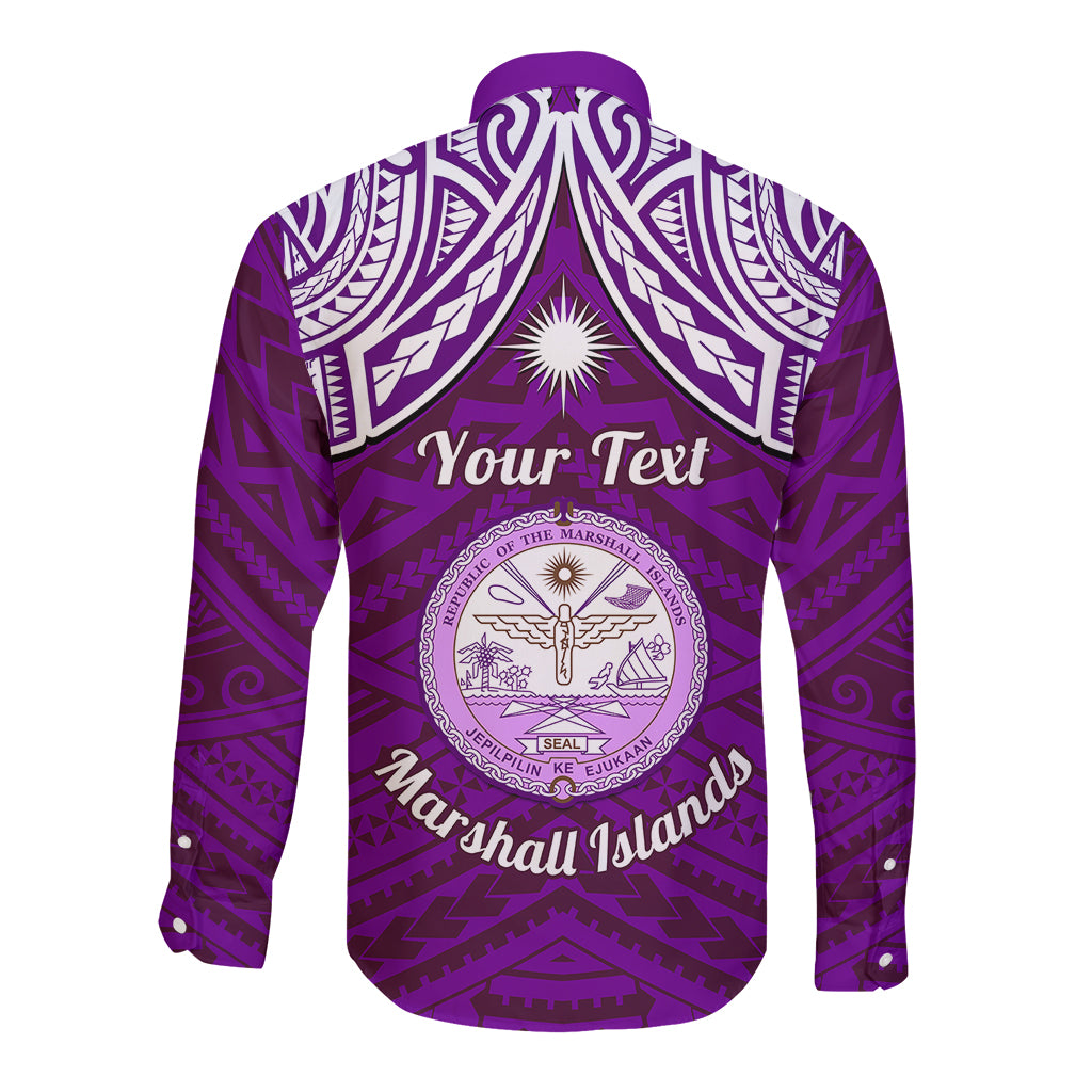 Personalised Marshall Islands Long Sleeve Button Shirt Purple Polynesian Tribal Mix Coat Of Arms LT14 - Polynesian Pride