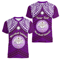 Personalised Marshall Islands Women V Neck T Shirt Purple Polynesian Tribal Mix Coat Of Arms LT14 - Polynesian Pride