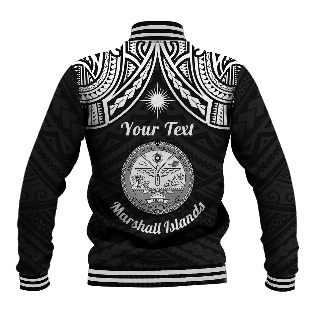 Personalised Marshall Islands Baseball Jacket Black Polynesian Tribal Mix Coat Of Arms LT14 - Polynesian Pride