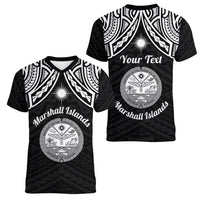 Personalised Marshall Islands Women V Neck T Shirt Black Polynesian Tribal Mix Coat Of Arms LT14 - Polynesian Pride