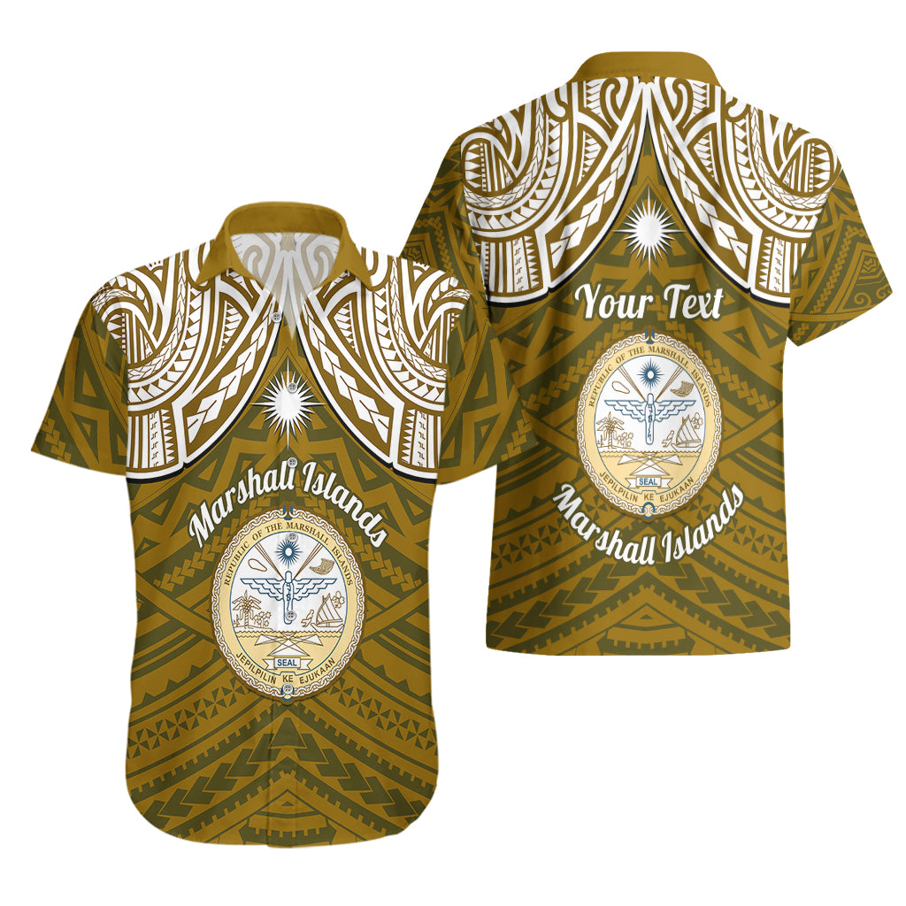 Personalised Marshall Islands Hawaiian Shirt Gold Polynesian Tribal Mix Coat Of Arms LT14 - Polynesian Pride