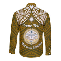 Personalised Marshall Islands Long Sleeve Button Shirt Gold Polynesian Tribal Mix Coat Of Arms LT14 - Polynesian Pride