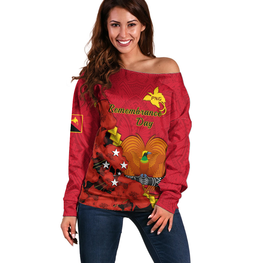 Polynesian Pride Remembrance Day PNG Off Shoulder Sweater Papua New Guinea We Will Remember Them LT14 Women Red - Polynesian Pride