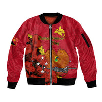 Polynesian Pride Remembrance Day PNG Sleeve Zip Bomber Jacket Papua New Guinea We Will Remember Them LT14 Unisex Red - Polynesian Pride