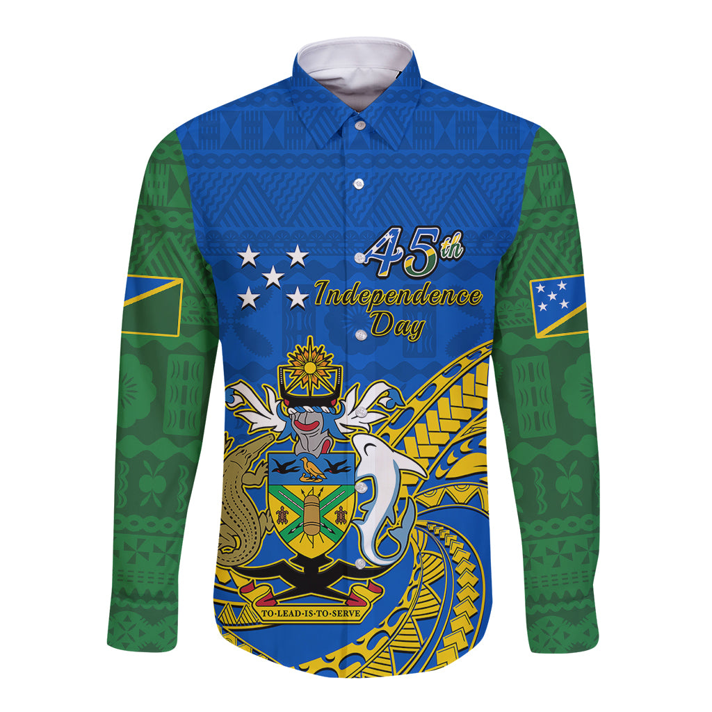 Personalised Independence Day Solomon Islands Long Sleeve Button Shirt Happy 45th Anniversary LT14 Unisex Blue - Polynesian Pride