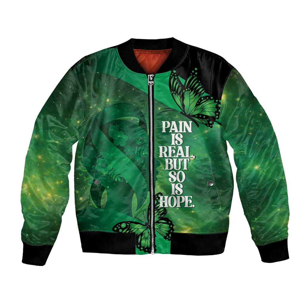 Personalised World Mental Health Awareness Month Bomber Jacket Warriors Brave Strong Galaxy Vibes LT14 Unisex Green - Polynesian Pride
