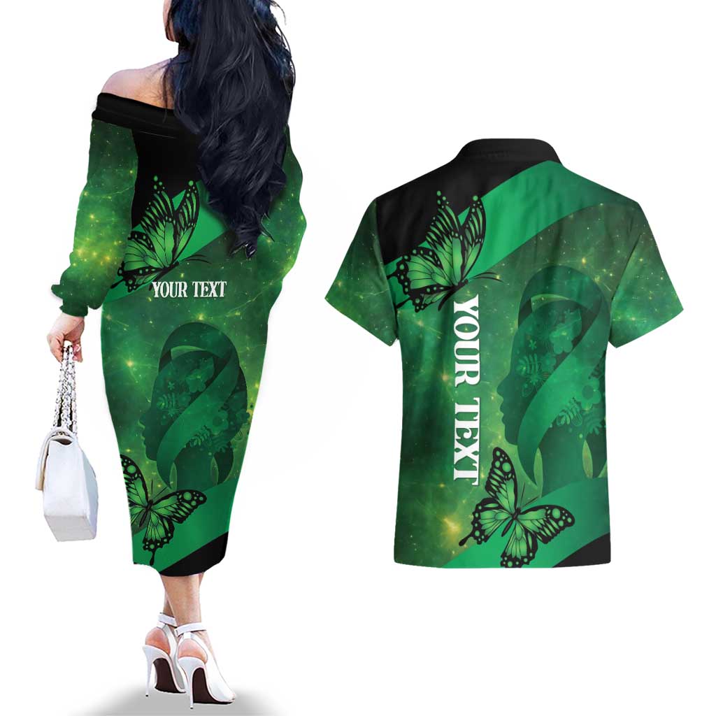 Personalised World Mental Health Awareness Month Couples Matching Off The Shoulder Long Sleeve Dress and Hawaiian Shirt Warriors Brave Strong Galaxy Vibes