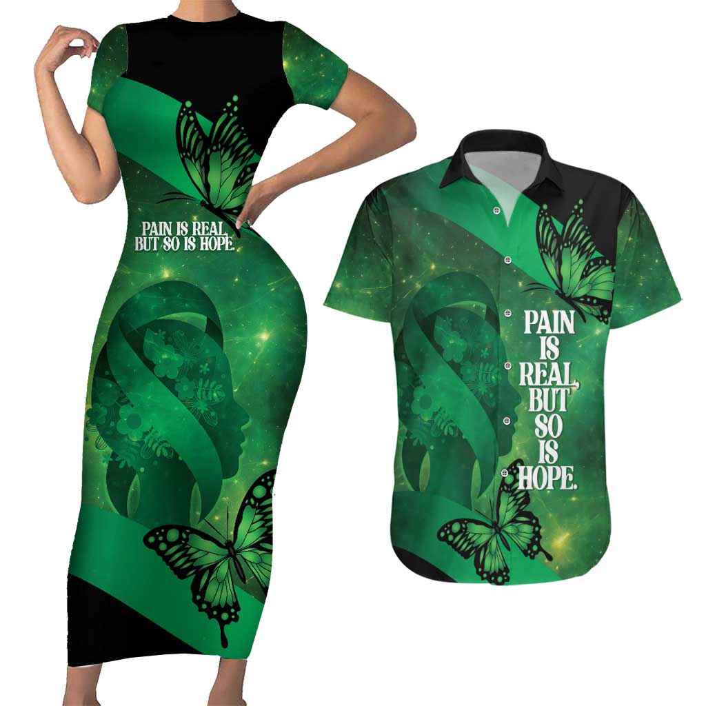 Personalised World Mental Health Awareness Month Couples Matching Short Sleeve Bodycon Dress and Hawaiian Shirt Warriors Brave Strong Galaxy Vibes