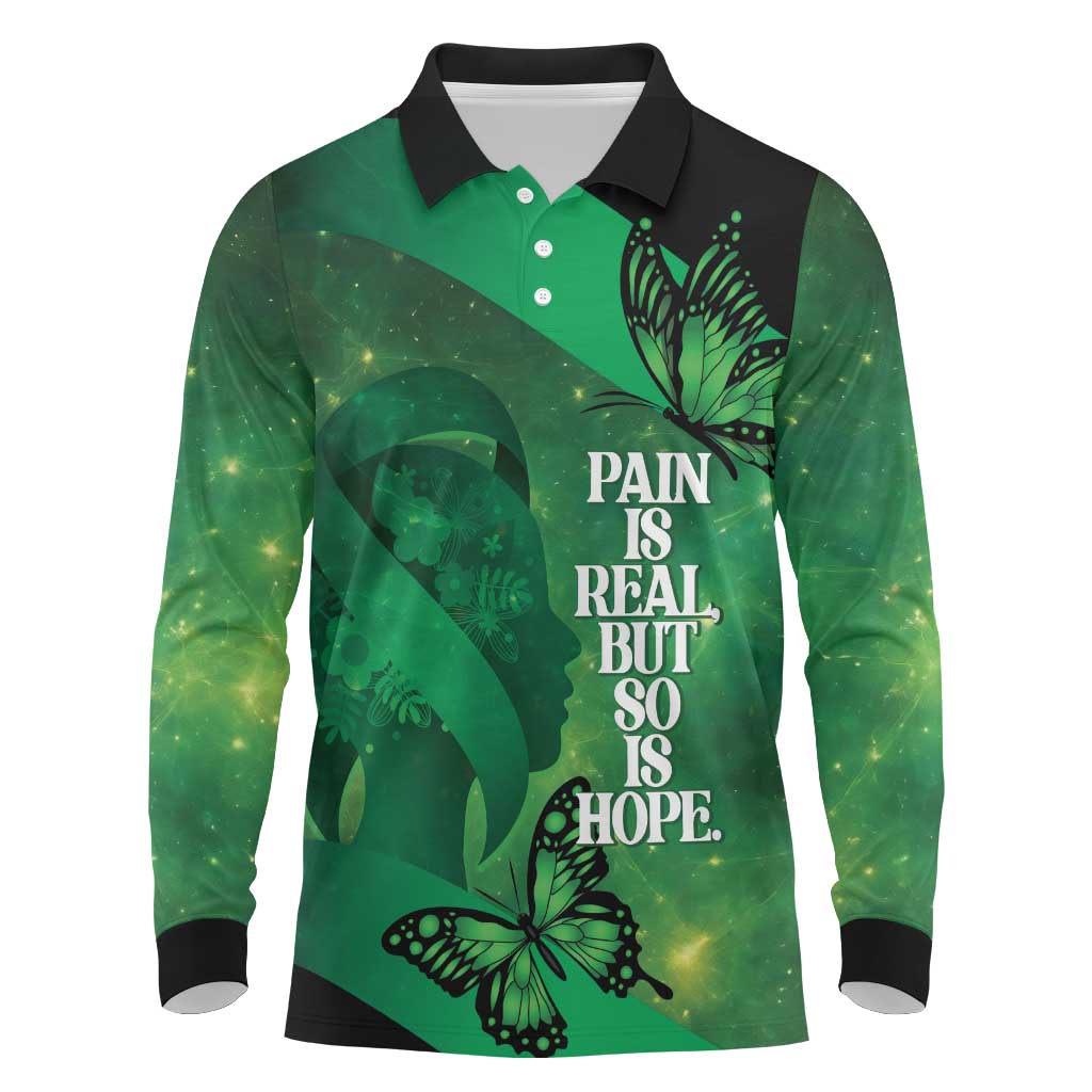 Personalised World Mental Health Awareness Month Long Sleeve Polo Shirt Warriors Brave Strong Galaxy Vibes LT14 Green - Polynesian Pride