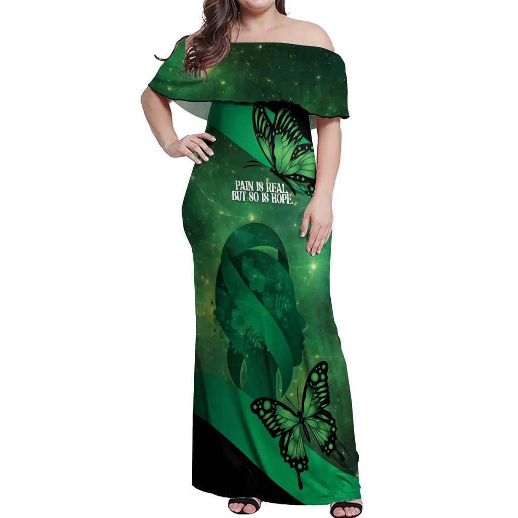 Personalised World Mental Health Awareness Month Off Shoulder Maxi Dress Warriors Brave Strong Galaxy Vibes