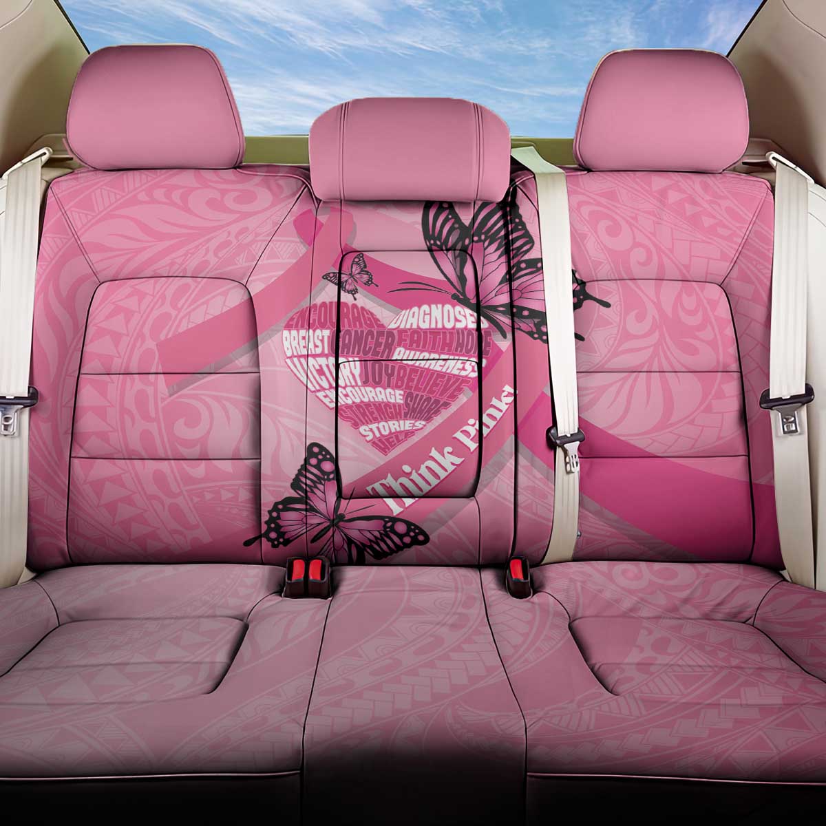 Polynesia Breast Cancer Awareness Month Back Car Seat Cover Pink Ribbon Mix Butterflies
