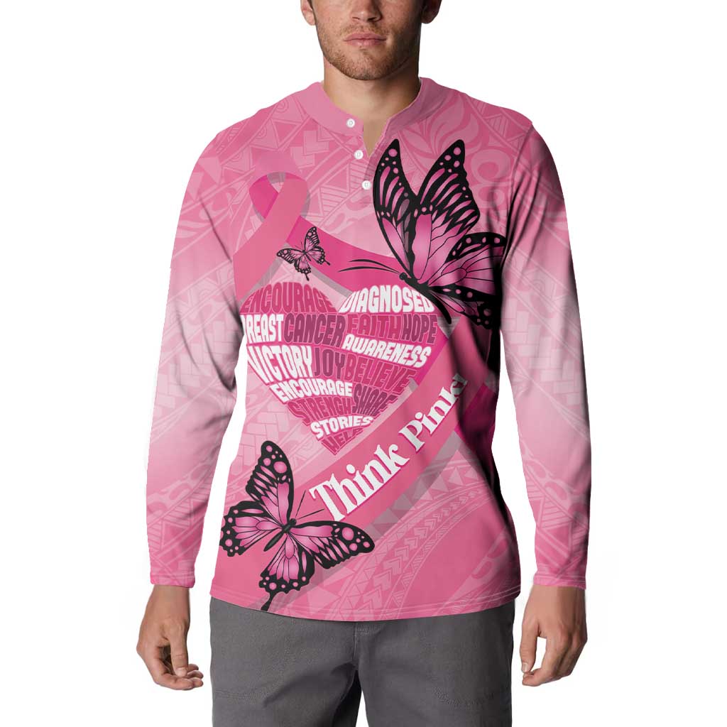 Polynesia Breast Cancer Awareness Month Button Sweatshirt Pink Ribbon Mix Butterflies