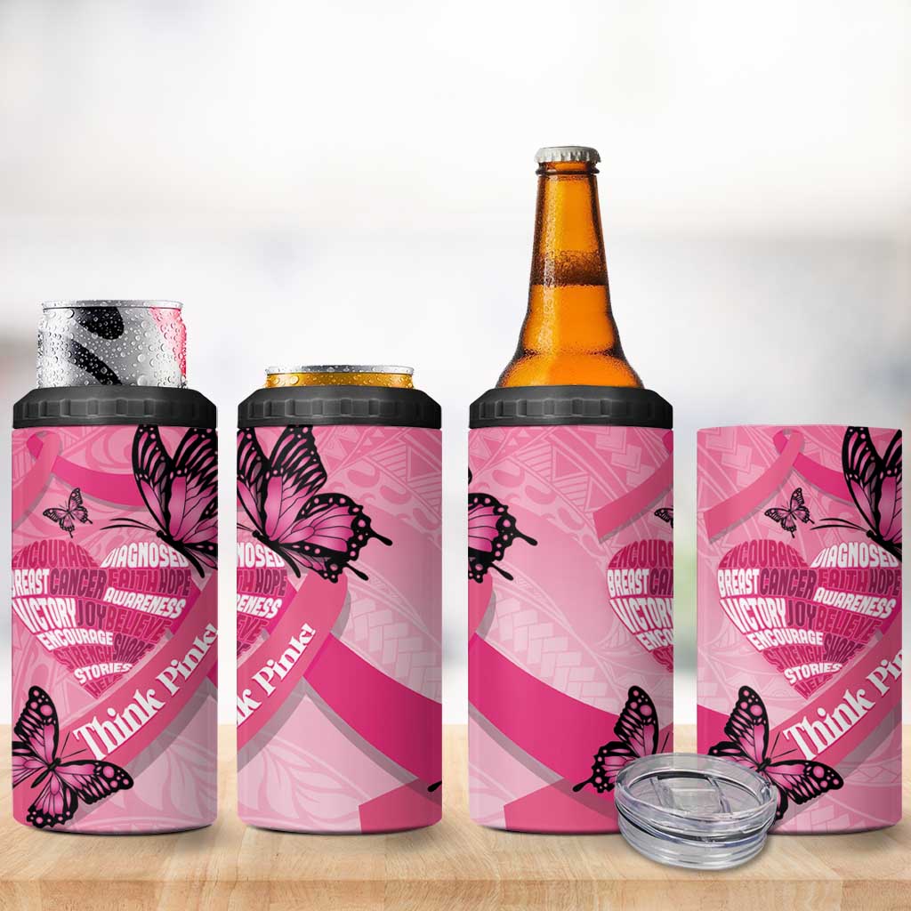Polynesia Breast Cancer Awareness Month 4 in 1 Can Cooler Tumbler Pink Ribbon Mix Butterflies