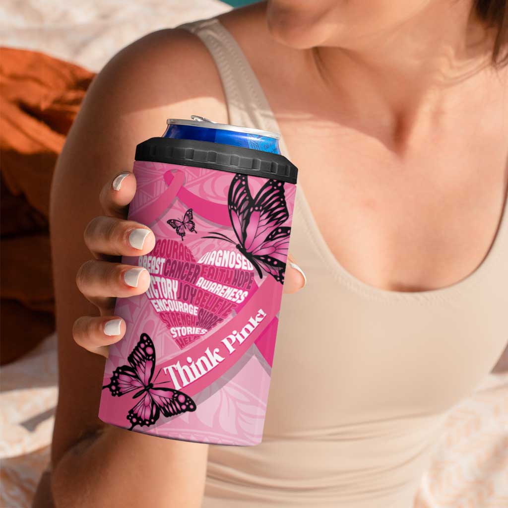 Polynesia Breast Cancer Awareness Month 4 in 1 Can Cooler Tumbler Pink Ribbon Mix Butterflies