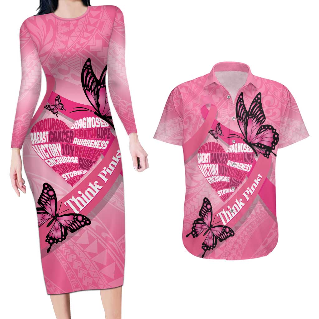 Polynesia Breast Cancer Awareness Month Couples Matching Long Sleeve Bodycon Dress and Hawaiian Shirt Pink Ribbon Mix Butterflies